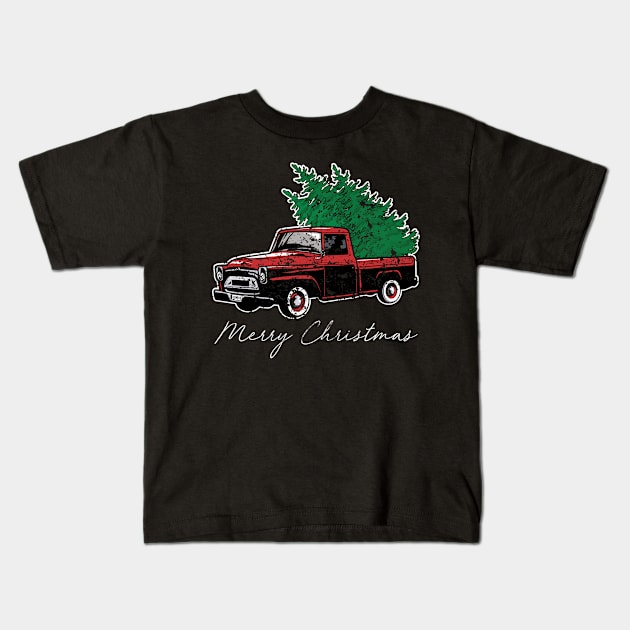 Merry Christmas Retro Vintage Red Truck Kids T-Shirt by Kimko